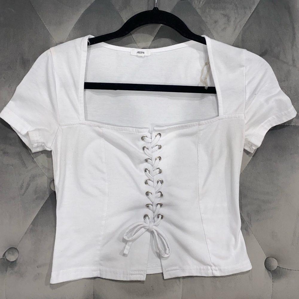 Ardene XS White ribbon Lace front top!
